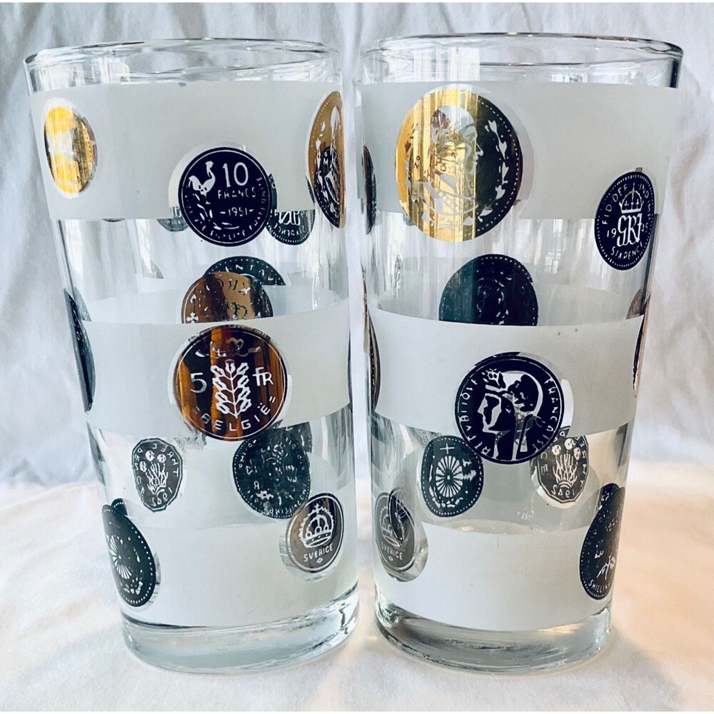 MCM Libbey White & Black Gold Coin High Ball Tumbler Glasses